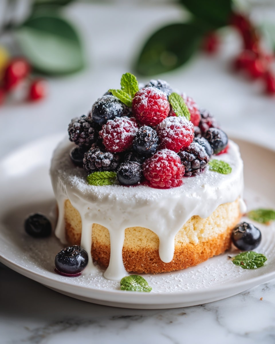 A small single-layer round cake sits on a white plate with a subtle textured rim. The cake is light tan with a crumbly texture. It is covered with a thick layer of white creamy sauce dripping slightly down the sides. On top of the cake there is a mix of fresh red raspberries, dark blackberries, and deep blue blueberries, along with small fresh green mint leaves. Some berries and blueberries are also placed around the base on the plate. The berries have a light dusting of white powdered sugar over them. The setting is on a white marbled surface with a soft blurred background of a white pot with green leaves and a blurred bowl of red berries. photo taken with an iphone --ar 4:5 --v 7