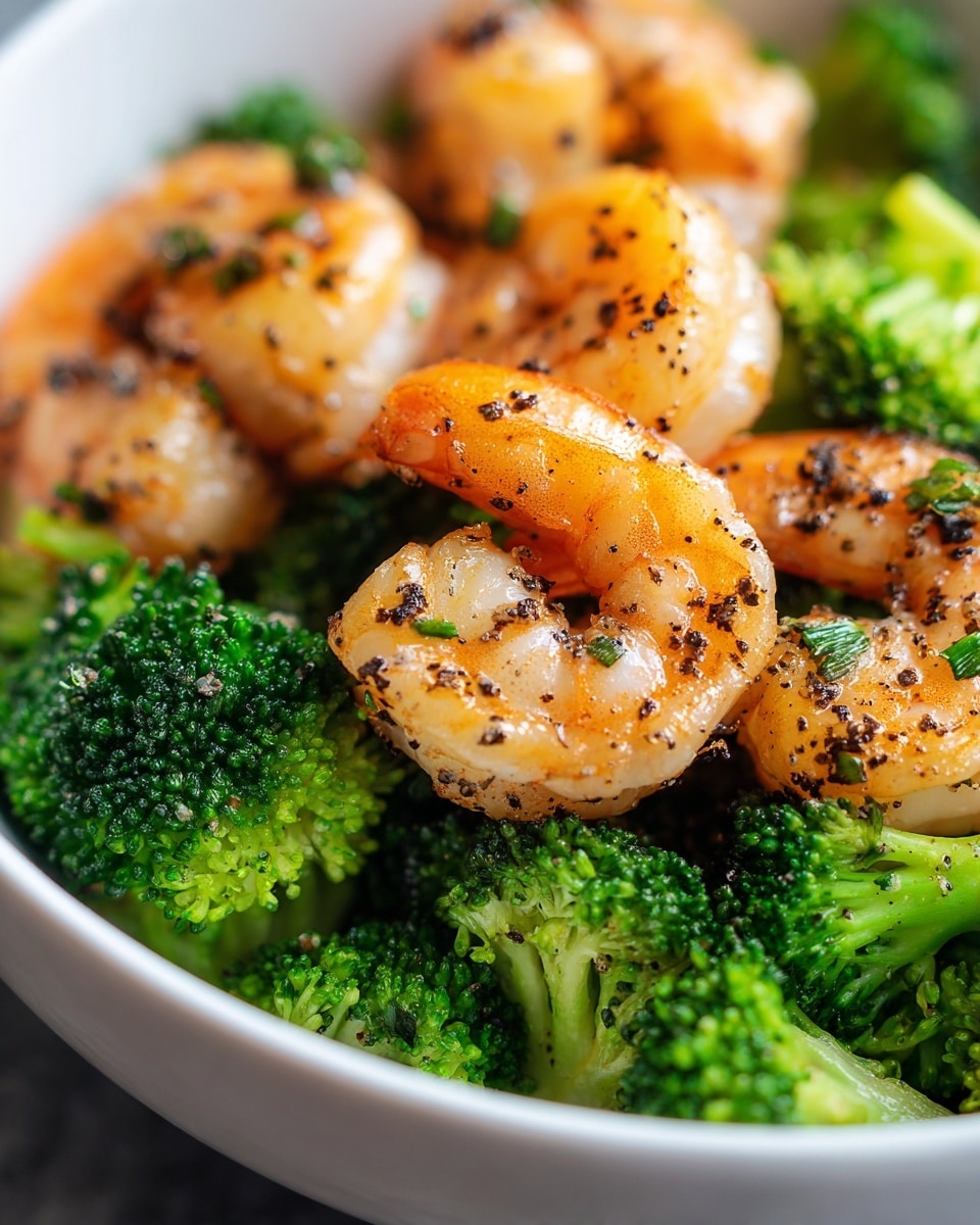In a white bowl, there is a close-up view of cooked shrimp and broccoli. The bottom layer is bright green broccoli florets, looking fresh and slightly shiny. On top, there are several pieces of shrimp, orange-pink in color with a light glaze, speckled with black pepper and small green herb bits. The shrimp have a curved shape and show some grill marks, giving them a textured look. The dish has a warm and appetizing shine with a mix of smooth and slightly rough textures. Photo taken with an iphone --ar 4:5 --v 7
