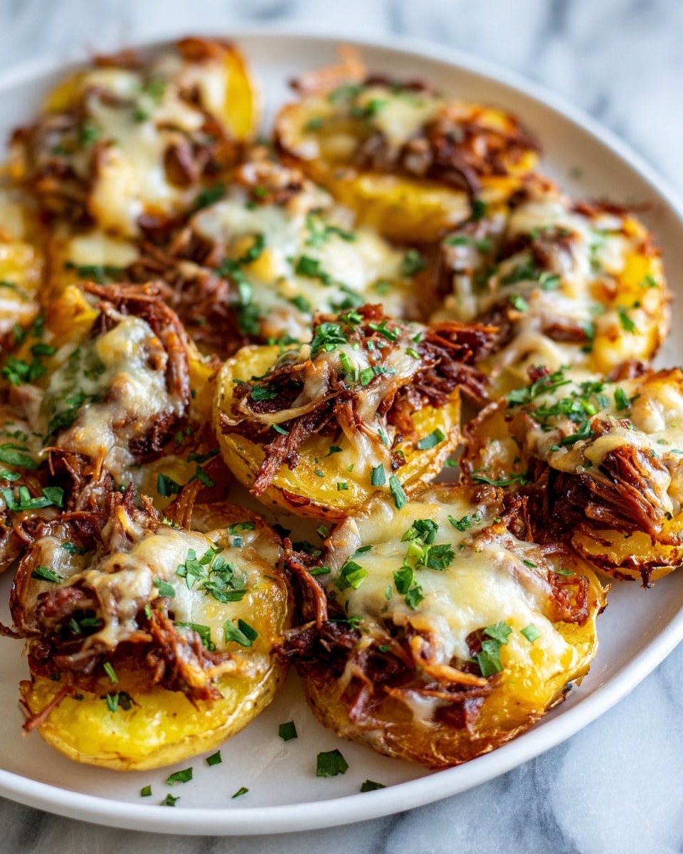 The image shows several small potato halves arranged closely on a white plate with a white marbled surface underneath. Each potato half has a crispy golden-brown edge and is topped with a bright yellow melted cheese layer that slightly covers the surface. On top of the cheese, there are thin strips of shredded meat with a reddish-brown color and bits of chopped green herbs scattered evenly. The textures look soft and melty for the cheese, tender for the meat, and crispy for the potato edges. Photo taken with an iphone --ar 4:5 --v 7