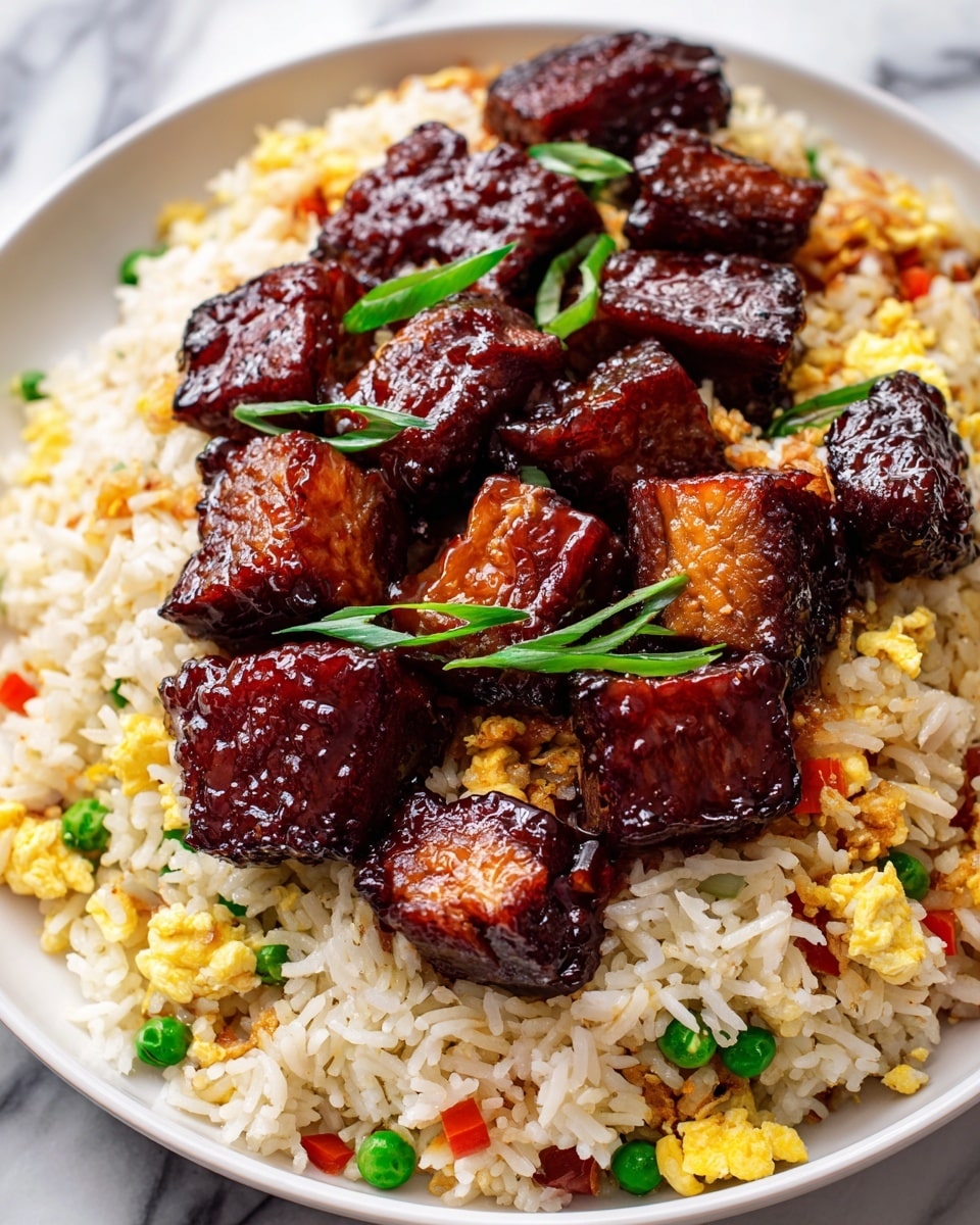The image shows a close-up of a white bowl filled with layers of fried rice and dark glazed meat pieces on top. The bottom layer consists of light brown fried rice mixed with green peas, small chunks of yellow scrambled eggs, and bits of red bell pepper. On top, there are several thick chunks of meat covered in a rich, dark reddish-brown sauce, which looks glossy and sticky. Small pieces of sliced green onions are sprinkled over the meat for a pop of fresh green color. The bowl is set against a white marbled background. photo taken with an iphone --ar 4:5 --v 7