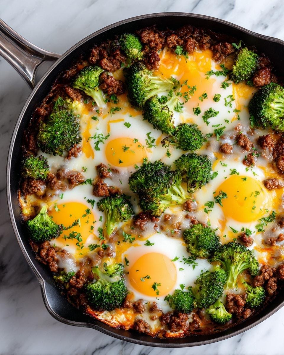 The image shows a close-up of a cast iron skillet filled with a colorful dish made of melted yellow cheese covering browned ground meat, bright green broccoli florets, and soft cooked eggs with runny yolks peeking through the cheese. The cheese is golden and bubbly with some browned spots on top. The ground meat is crumbly, dark brown, and spread evenly throughout the dish. The broccoli is vibrant and fresh, adding spots of green among the rich colors. The eggs are nestled between the layers, with whites softly cooked and yolks visible but mostly covered. The skillet rests on a white marbled surface. Photo taken with an iphone --ar 4:5 --v 7