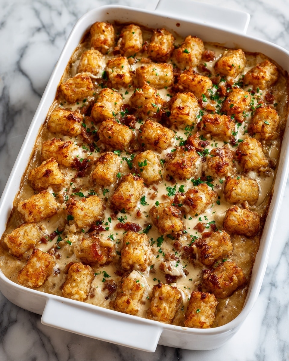 The image shows a white rectangular baking dish filled with a golden tater tot casserole. The top layer consists of crispy, browned tater tots evenly spread across the surface, with melted cheddar cheese bubbling around them. Beneath the tater tots, there are visible creamy and slightly saucy layers mixed with chunks of cooked chicken and small pieces of crispy bacon. Freshly chopped green herbs are sprinkled over the top, adding a touch of color and freshness. The surface beneath the dish is a white marbled texture. photo taken with an iphone --ar 4:5 --v 7