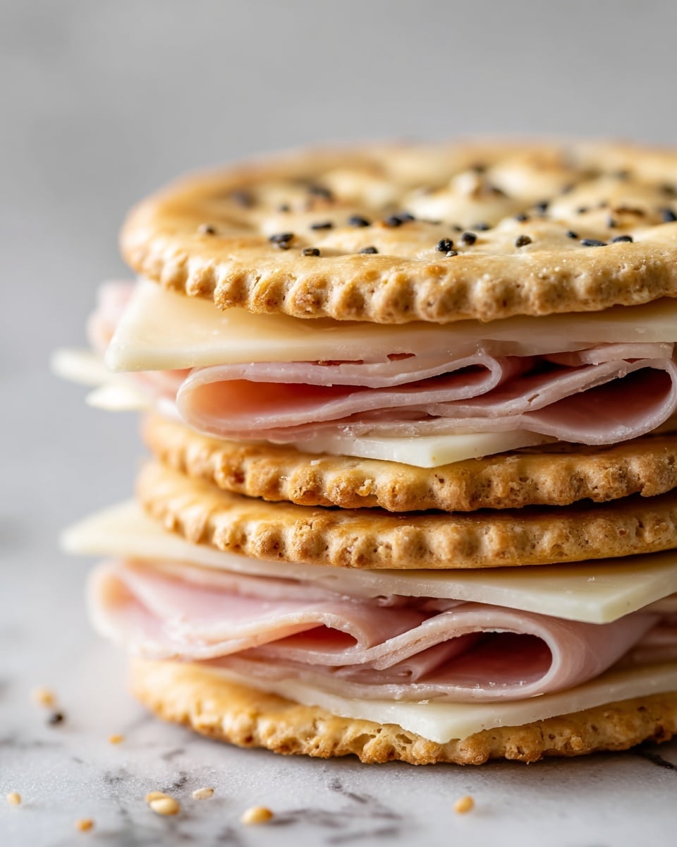 The image shows a stack of cracker sandwiches, each made with three layers: a golden-brown cracker on top sprinkled with small black seeds, a middle layer of thin pale pink ham with a slightly shiny texture, and a bottom layer of creamy white cheese that looks soft and melty. Each cracker is round with a slightly rough surface and small holes. The crackers, ham, and cheese repeat in clear layers, making the stack look tall and inviting. The background is a white marbled texture. Photo taken with an iphone --ar 4:5 --v 7