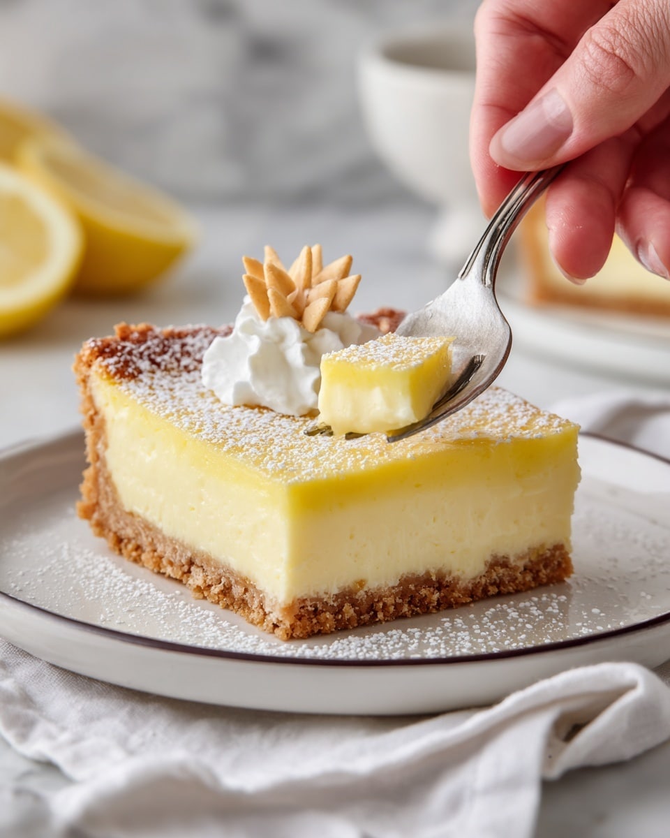 A square slice of creamy custard pie with three visible layers sits on a white plate with a thin dark rim; the bottom layer is a light golden, crumbly crust, the middle layer is a thick, pale yellow custard, and the top layer is a slightly browned, smooth custard topped with a dusting of powdered sugar and thin, golden-brown almond slices in the center. A silver fork held by a woman's hand lifts a bite-sized piece from the center of the pie. The plate is placed on a white cloth on a white marbled surface, with a few pale yellow candles and green leaves blurred in the background. Photo taken with an iphone --ar 4:5 --v 7