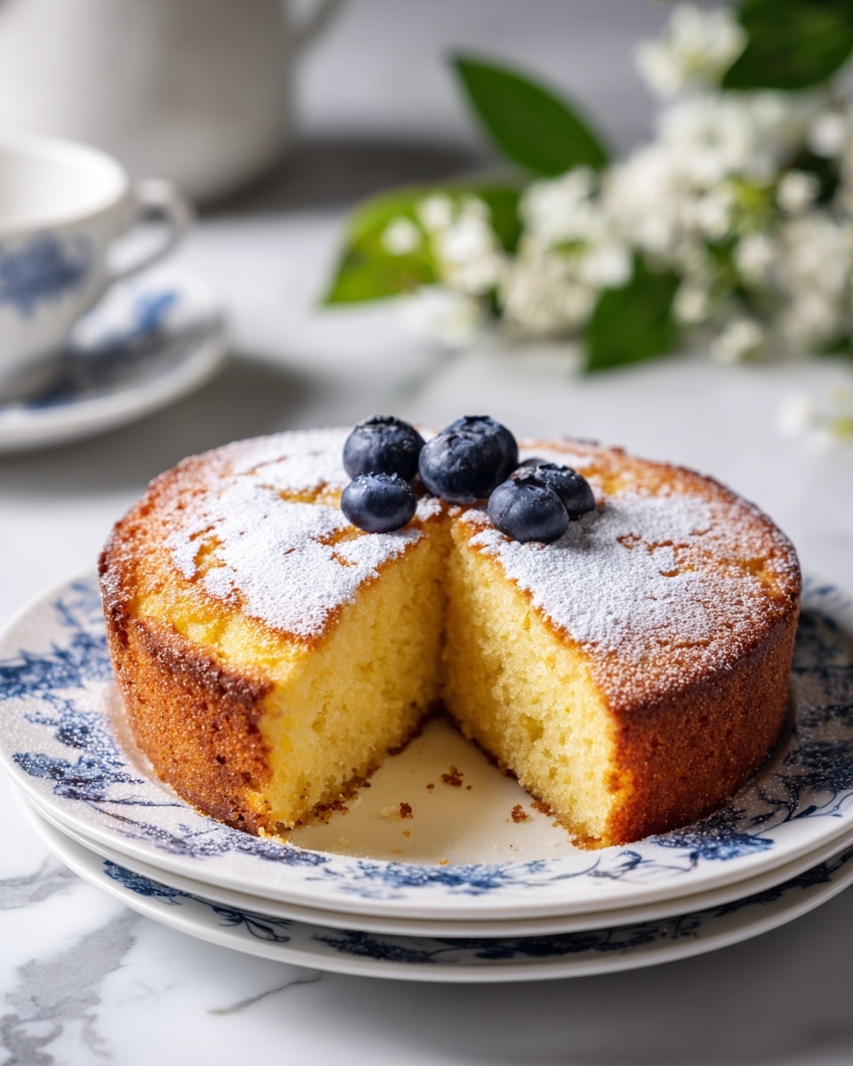 A round, single-layer yellow cake with a coarse, moist crumb texture is placed on a white plate with blue decorative patterns, which rests on a stack of plain white plates. The top of the cake is dusted lightly with white powdered sugar and garnished with three plump, fresh blueberries near the center. A thick slice has been cut and slightly separated from the rest of the cake, showing the soft and tender inside. A few crumbs are scattered around the base on the plate. The background features soft-focused green leaves and delicate white flowers with pink centers on a white marbled surface. Photo taken with an iphone --ar 4:5 --v 7