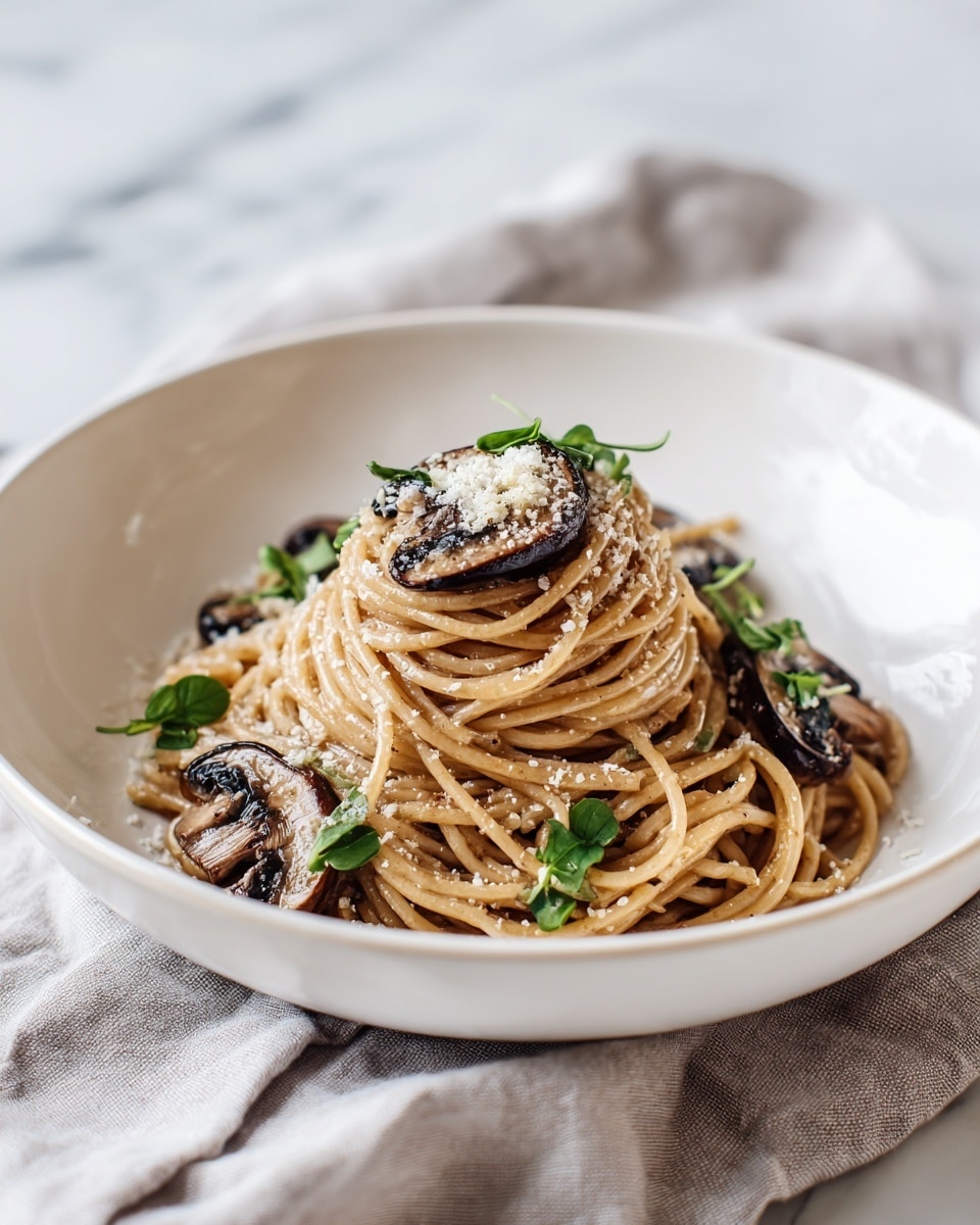 A close-up of a bowl of spaghetti with creamy sauce topped with sliced cooked mushrooms and sprinkled with grated cheese and small green herb pieces. The spaghetti is light yellow and twisted into a neat mound at the center of the smooth white bowl. The mushrooms are golden brown with a soft texture and are scattered evenly on top. The green herb pieces add a fresh pop of color against the warm tones of the pasta and mushrooms. The bowl sits on a white marbled textured surface and a pair of wooden chopsticks is blurred in the background. photo taken with an iphone --ar 4:5 --v 7