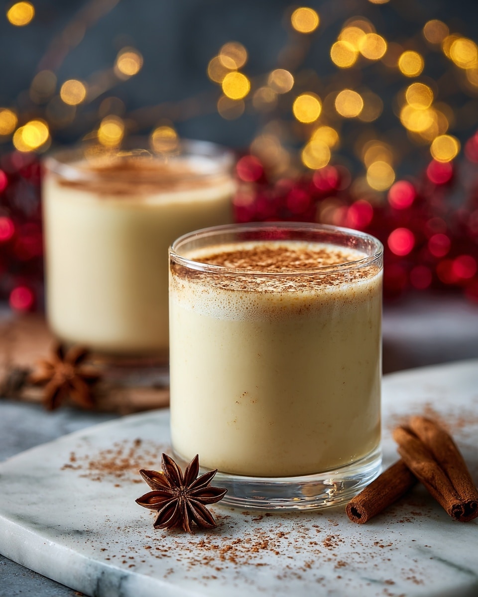 Two clear glasses are filled with a smooth, creamy off-white drink topped with a light dusting of brown cinnamon powder. The glass in the foreground shows a thick layer of foam beneath the cinnamon, while the second glass is slightly blurred behind it. A rolled cinnamon stick and star anise lie on the gray surface next to the closest glass, with blurred festive red decorations and warm, soft glowing lights in the background. photo taken with an iphone --ar 4:5 --v 7