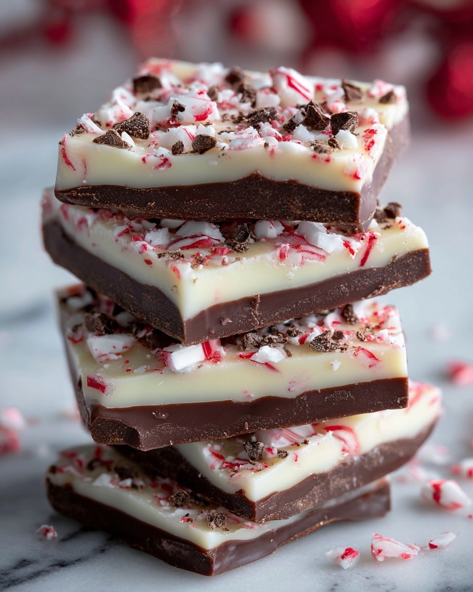 A stack of six square chocolate bark pieces is shown, each piece having two main layers: a thick dark brown base and a thinner white top layer. The white layer is sprinkled with crushed red and white peppermint candy bits and small dark brown chocolate crumbs, scattered unevenly. The pieces are arranged in a slightly tilted pile on a wooden surface with a blurred red background. photo taken with an iphone --ar 4:5 --v 7