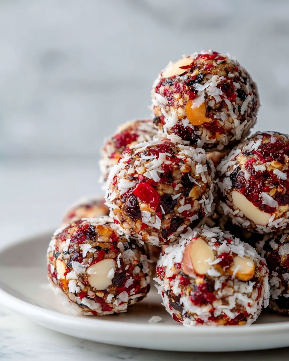 A close-up of round, bite-sized dessert balls piled together on a white plate, each ball showing a mix of deep red dried fruit pieces, light brown nut chunks, and white shredded coconut flakes embedded in a sticky, textured base. The red pieces dominate the surface, dotted with pale almond slices and covered unevenly in small white coconut flakes, creating a rough and natural look. The balls are tightly packed, showing a glossy, moist texture under soft lighting, with a white marbled surface beneath the plate. photo taken with an iphone --ar 4:5 --v 7