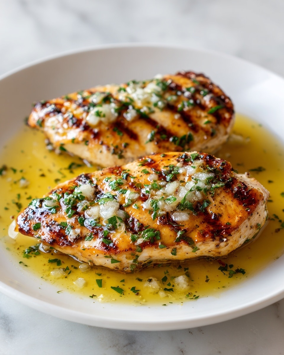The image shows two grilled fish fillets placed side by side on a white plate, resting on a white marbled surface. Each fillet has a golden-brown color with visible grill marks, topped with a thick layer of creamy sauce mixed with small green herbs and spices. Around the fillets, there is a shiny layer of melted butter or oil, reflecting light softly. Small green herb pieces are scattered over the sauce and plate edges, adding texture and color contrast. photo taken with an iphone --ar 4:5 --v 7