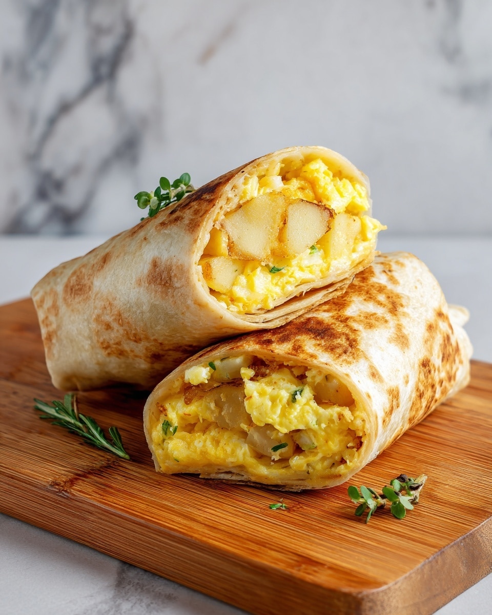 The image shows two folded breakfast burritos on a wooden board, each cut in half to reveal their inside layers. The outside tortilla is golden brown with a slightly toasted, soft texture. Inside, there is a thick layer of bright yellow scrambled eggs mixed with small bits of light brown cooked ham and melted cheese. Some small green herbs are sprinkled on top for garnish. The background is a white marbled surface, and a woman's hand is reaching towards the burritos. Photo taken with an iphone --ar 4:5 --v 7