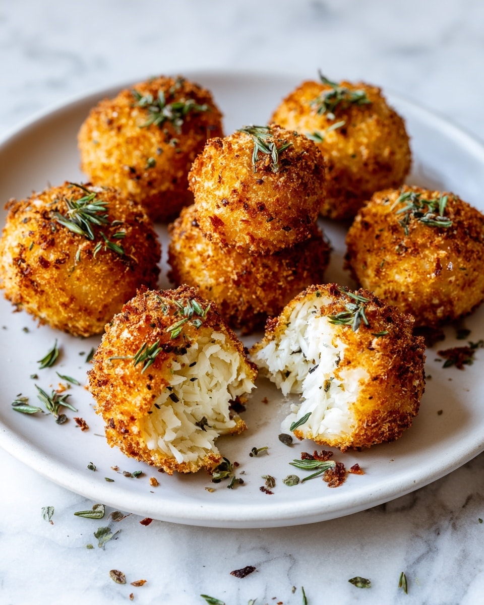 The image shows a white round plate filled with golden-brown, crispy potato balls. Each ball has a rough, crunchy outer layer with a slightly uneven texture, showing fine crisped strands of potato. One ball is cut open, revealing soft, shredded, pale yellow potato inside. The potato balls are sprinkled with small green herb pieces on top and around the plate, adding a fresh touch. The plate sits on a white marbled surface. photo taken with an iphone --ar 4:5 --v 7