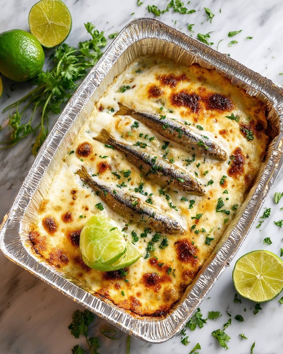 A baked dish in a small oval aluminum tray with a golden brown, melted cheese top layer sprinkled with fresh chopped green herbs. There are five small whole fish laid evenly across the top, browned and slightly crispy. A lime wedge rests near the top edge, adding a fresh green accent. A scoop has been taken out from one corner, revealing a creamy white middle layer mixed with green herbs and a slightly browned crust edge. The dish sits on a white marbled surface with scattered fresh herbs and lime halves nearby. Photo taken with an iphone --ar 4:5 --v 7