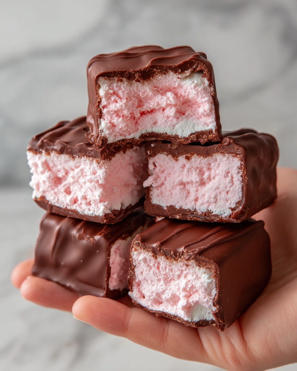 The image shows several pieces of soft pink marshmallow coated partially with smooth brown chocolate. The marshmallows have a fluffy texture with light airy layers, while the chocolate layer is glossy and thick, wrapping around the sides and edges. The pieces are stacked closely, creating a contrast between the pale pink marshmallow and rich chocolate coating. The background features a clean white marbled texture that highlights the dessert's colors and textures. photo taken with an iphone --ar 4:5 --v 7