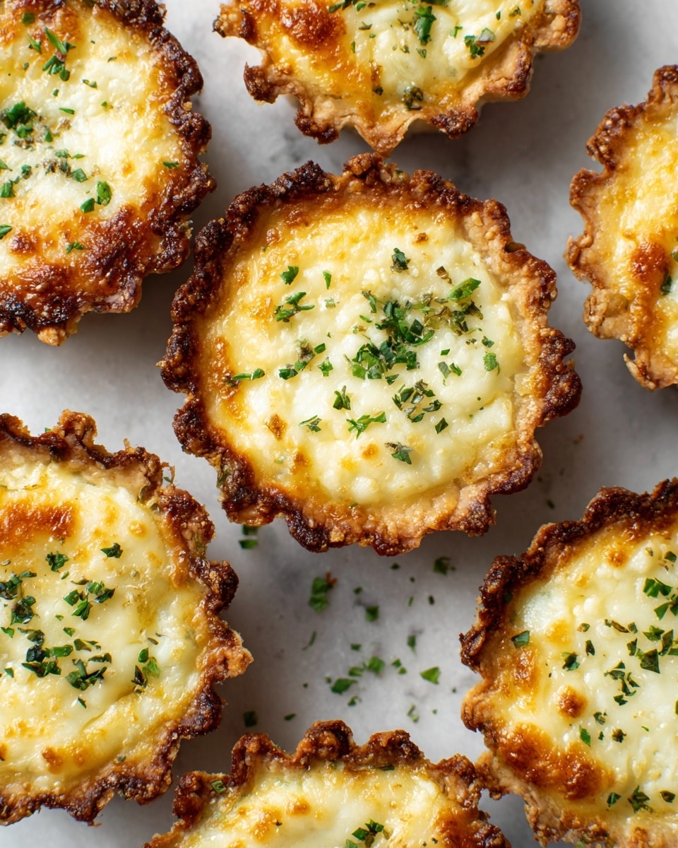 The image shows several small tartlets placed close together on a white marbled surface. Each tartlet has a golden-brown crust with a crimped edge, filled with melted yellow cheese that has slightly browned spots on top. There are small green herbs sprinkled on each tartlet, adding a fresh touch. The tartlets are arranged in a casual cluster, with a few chopped herbs scattered around them on the surface. The lighting highlights the warm tones of the crust and cheese. photo taken with an iphone --ar 4:5 --v 7