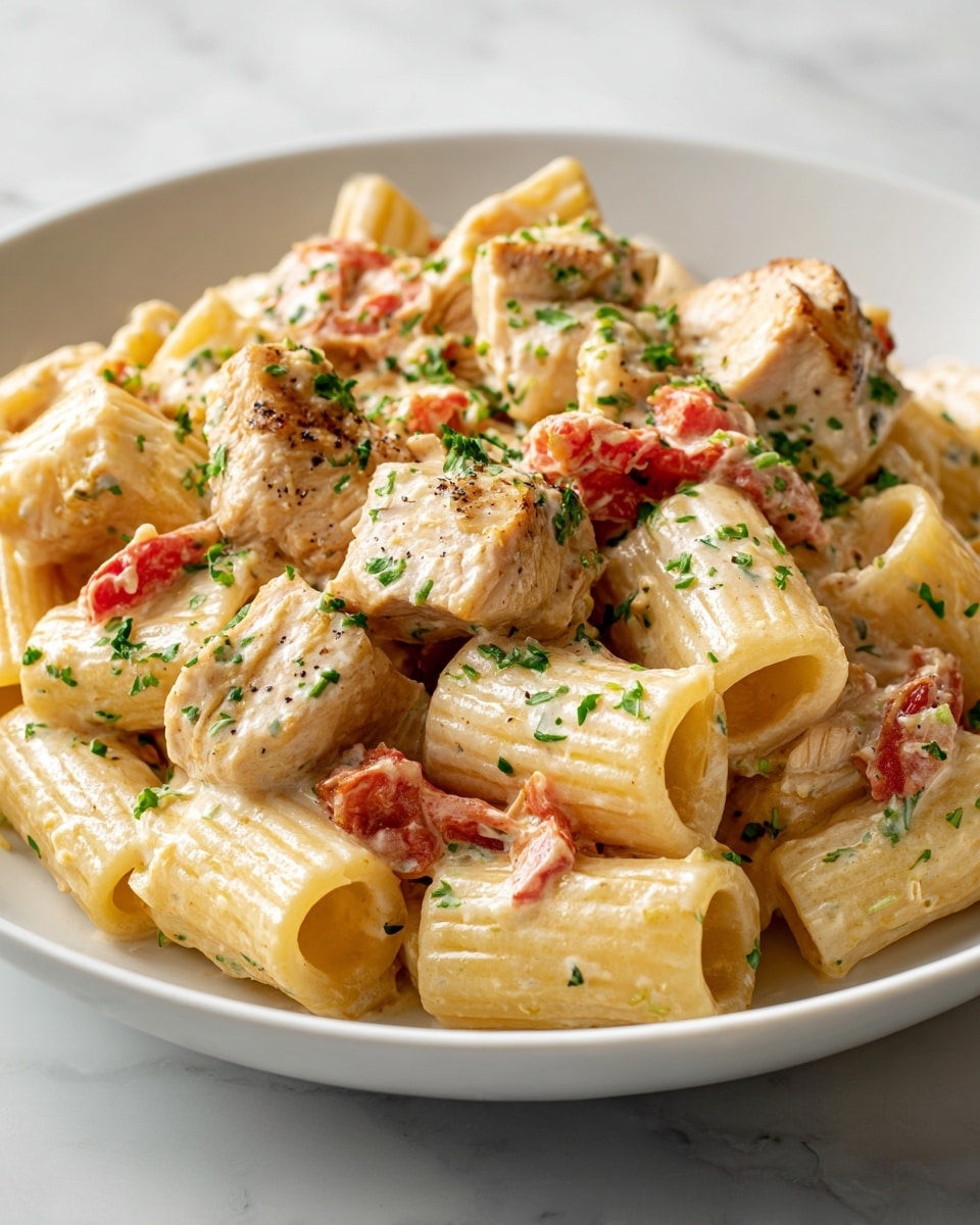The dish shows creamy pasta mixed with pieces of chicken and chunks of red bell pepper on a white plate, all sitting on a white marbled surface. There are many pasta pieces, mostly yellow and ridged, coated in a thick cream sauce that has visible green herbs spread evenly throughout. The chicken pieces are golden brown and mixed into the pasta on all layers. The red bell pepper pieces add bright color contrast, scattered evenly in the sauce. The sauce has a smooth creamy texture, covering all the ingredients, and the whole dish looks rich and hearty. photo taken with an iphone --ar 4:5 --v 7