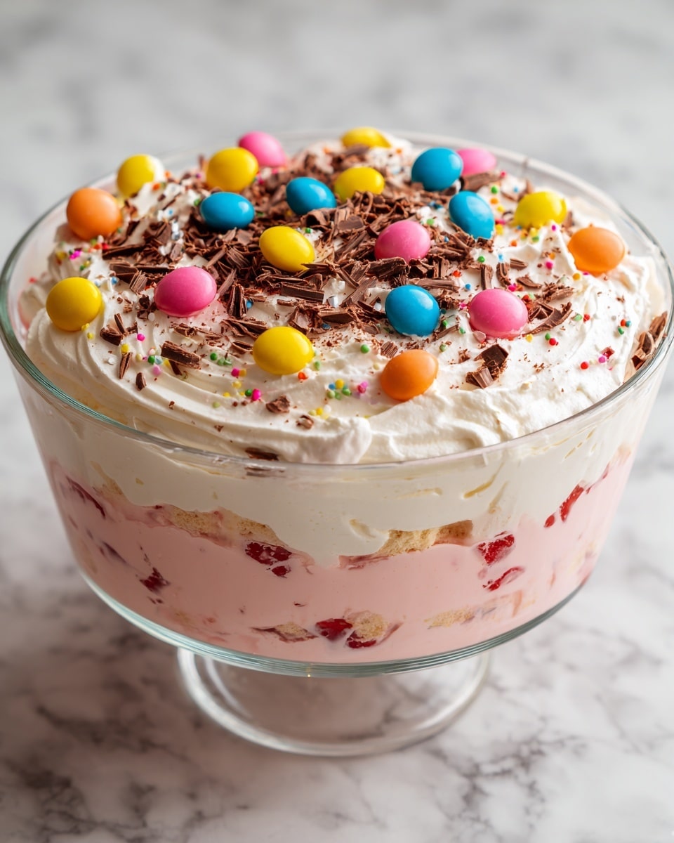 A large clear glass bowl filled with three main layers: the bottom layer is a pinkish creamy mixture with visible fruit pieces, the middle layer is thick and white cream, and the top layer is decorated with small round colorful candy eggs in pastel yellow, pink, blue, and orange, scattered over the cream with chocolate shavings and small bits of chopped nuts mixed in. The bowl is placed on a wooden surface, surrounded by soft natural light. photo taken with an iphone --ar 4:5 --v 7