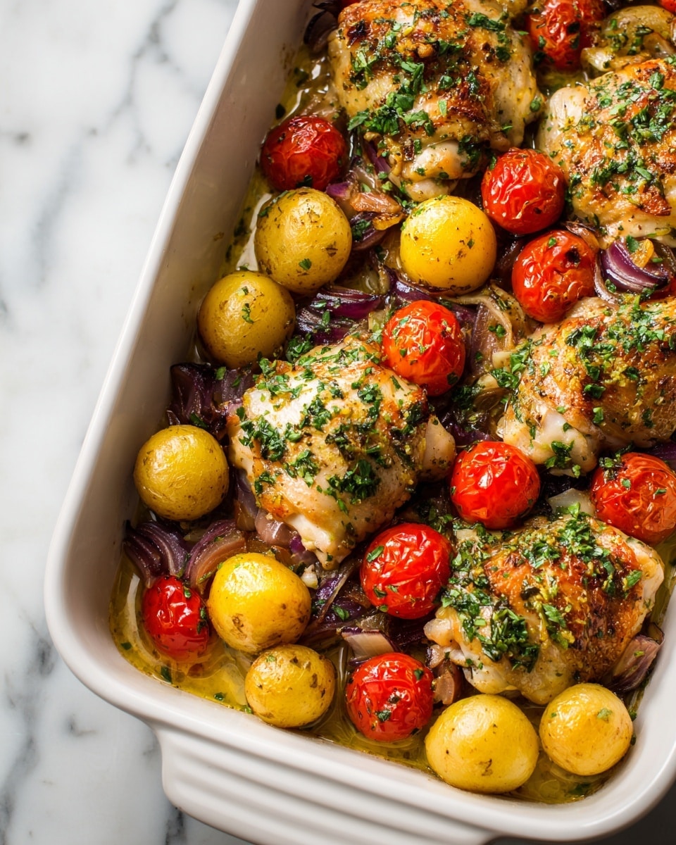 A white square baking dish filled with roasted chicken pieces and various roasted vegetables is shown. The chicken pieces are golden-brown with crisp skin, placed evenly across the dish. Around the chicken, there are roasted cherry tomatoes with a deep red color, halved red onions with soft purple layers, and small yellow potatoes with browned skins. The vegetables and chicken are mixed with sprigs of fresh green herbs scattered on top. The dish sits on a white marbled surface, with no other objects visible. Photo taken with an iphone --ar 4:5 --v 7