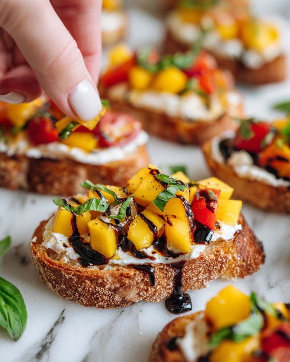 The image shows several small bruschetta pieces arranged on a white marbled surface. Each piece has a thick slice of crusty brown bread as the base, topped with a creamy white spread. On top of the spread, there is a colorful mix of diced yellow mango, red tomatoes, and small green basil leaves. The bruschetta is drizzled with a dark balsamic glaze that adds a shiny texture. The colors are bright and fresh, and the image captures the texture of the bread’s crust, the smoothness of the cream, and the juicy look of the fruit and vegetables. Photo taken with an iphone --ar 4:5 --v 7