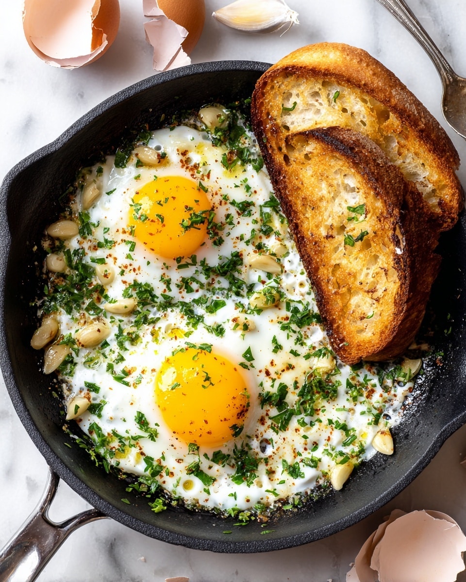 The image shows a black skillet with two sunny-side-up eggs, each having bright yellow yolks and slightly cooked whites. Around the eggs, there are green herb sauce drizzles and small toasted garlic slices scattered on top. On the right side of the skillet, two toasted white bread slices with a golden-brown crust rest leaning against the skillet edge. The skillet sits on a white marbled surface, with some eggs and green leaves blurred in the background. Photo taken with an iphone --ar 4:5 --v 7
