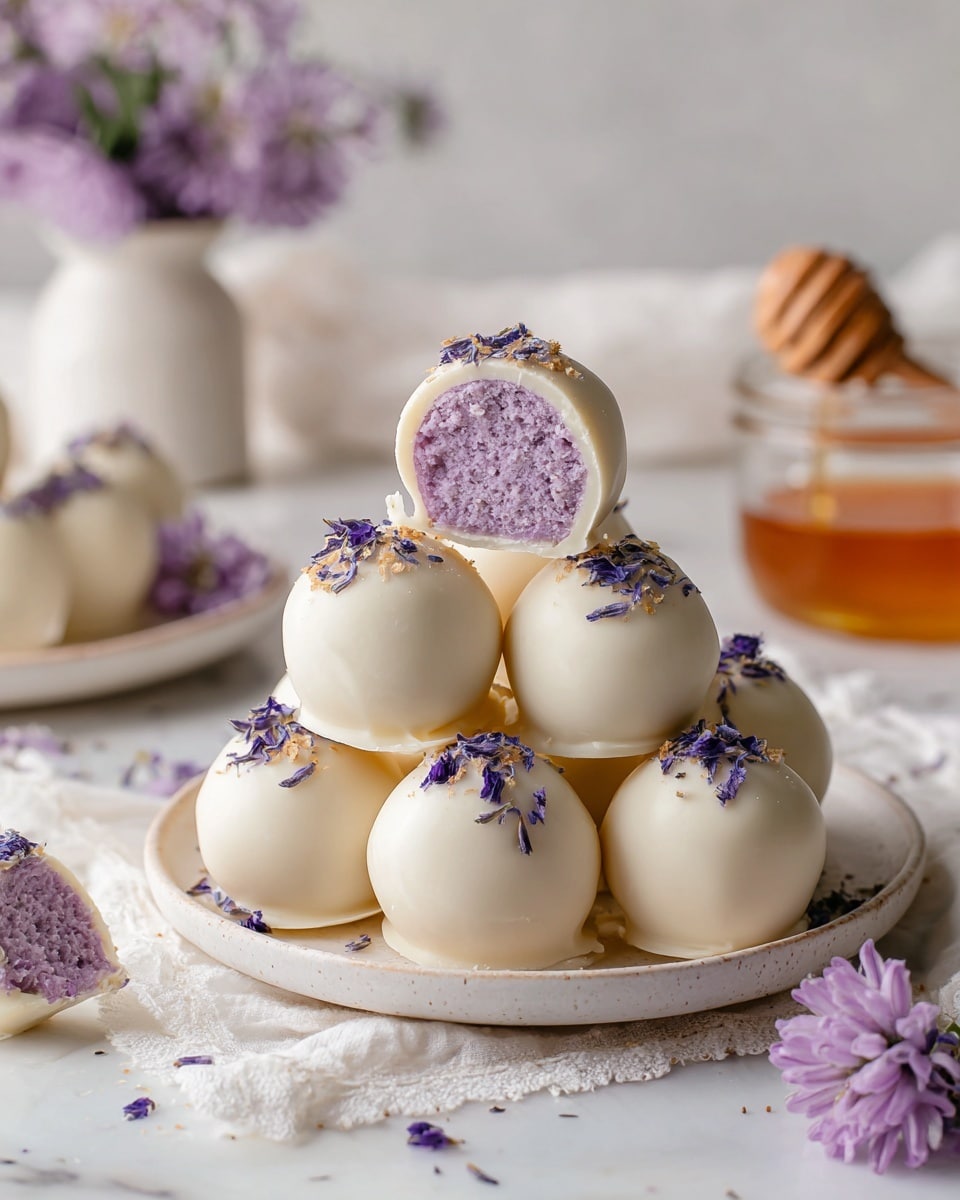 A pile of eight round white chocolate balls is stacked on two white plates, with one ball cut in half to show a textured light purple filling inside. Each smooth white chocolate ball is decorated with tiny purple flower petals on top. The plates sit on a piece of white cheesecloth over a white marbled surface. Around the plates, small purple flowers add a delicate touch, and a wooden honey dipper lies blurred in the background. The bright, soft lighting highlights the glossy chocolate and pastel colors, creating a clean and fresh look. photo taken with an iphone --ar 4:5 --v 7