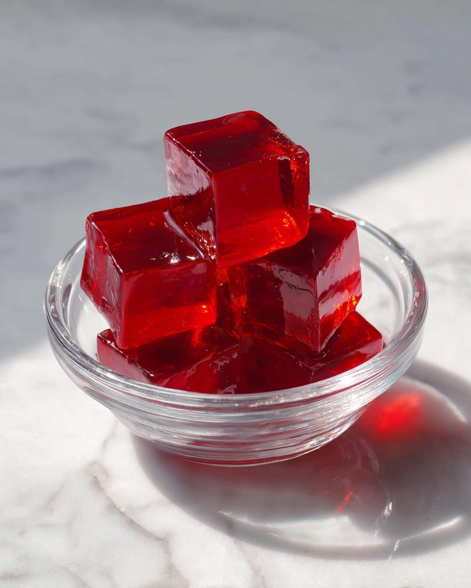 A clear glass bowl filled with several shiny, bright red jelly cubes stacked on top of each other. The cubes have smooth, glossy surfaces reflecting light, making them look fresh and slightly translucent. The bowl sits on a white marbled surface with natural light casting soft shadows around the base. Photo taken with an iphone --ar 4:5 --v 7