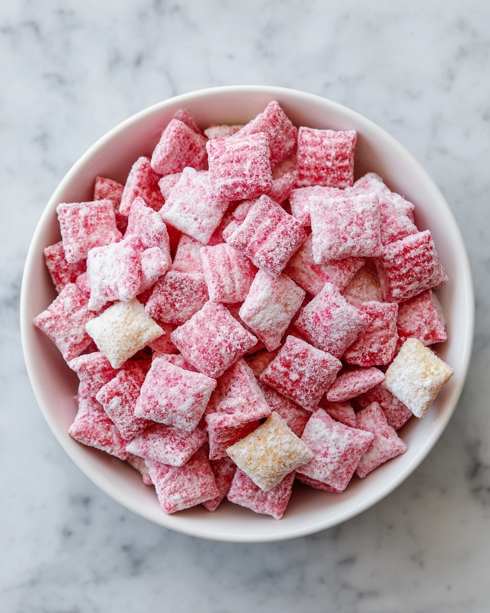 A white bowl with a thin yellow rim is filled with small square cereal pieces that have a textured, grid-like surface. Most cereal pieces are light pink and covered with a white powdered coating, while a few pieces are pale cream-colored and also dusted lightly with the powder. The bowl sits on a surface with a white marbled texture, and the image is focused closely on the cereal, showing the fine powder and the crisp texture clearly. photo taken with an iphone --ar 4:5 --v 7