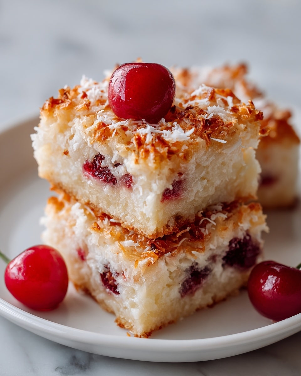 Two square coconut cherry bars stacked on top of each other are shown on a white plate. The bars have three visible layers. The bottom and middle layers are golden brown with a soft, chewy texture mixed with bright red cherry pieces. The top layer is light golden with shredded coconut and small bits of cherries, giving a rough, textured look. A single glossy red cherry sits on top for decoration. The setting has a white marbled surface. photo taken with an iphone --ar 4:5 --v 7
