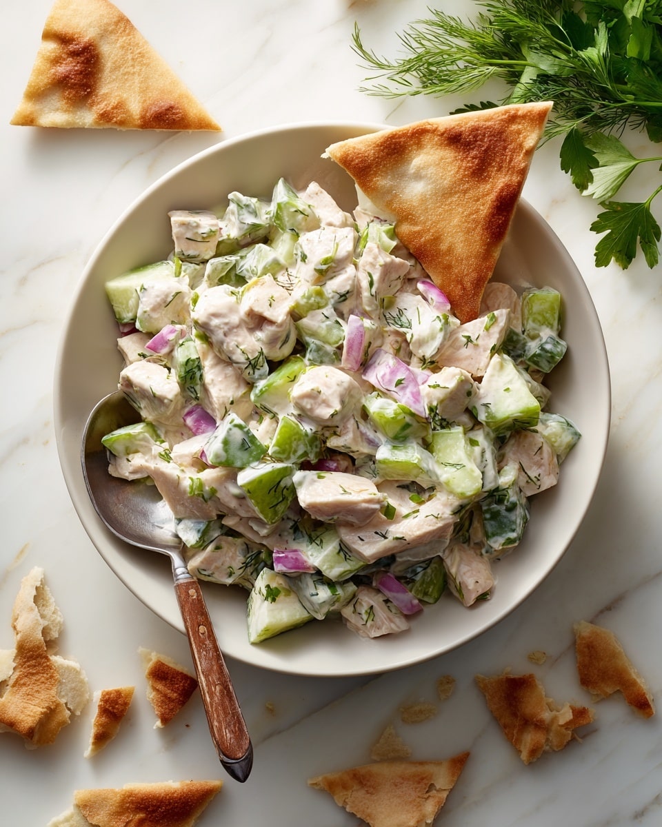 A white bowl filled with chunky chicken salad mixed with small pieces of light green celery, diced red onions, dark green herbs, and creamy white dressing. The salad has a soft, textured look with a mix of cream and fresh vegetable colors. Three golden-brown pita chips are placed on the right side of the bowl, partially resting inside it. A long spoon with a wooden handle lies inside the bowl, resting on top of the salad. The bowl is placed on a white marbled surface with scattered pita chips around and some green parsley leaves in the background. photo taken with an iphone --ar 4:5 --v 7