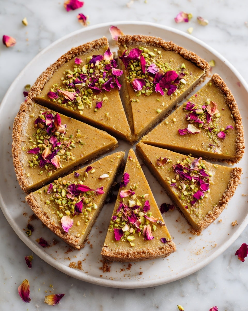 A round tart cut into eight slices is placed on a white plate on a white marbled surface. The tart has two layers: a thick, crumbly light brown crust forming the base and edges, topped by a smooth, golden-brown filling. Each slice is sprinkled with chopped green pistachios and small bright pink dried rose petals, adding texture and color. Around the plate, some pistachio pieces and rose petals are scattered casually. Photo taken with an iphone --ar 4:5 --v 7
