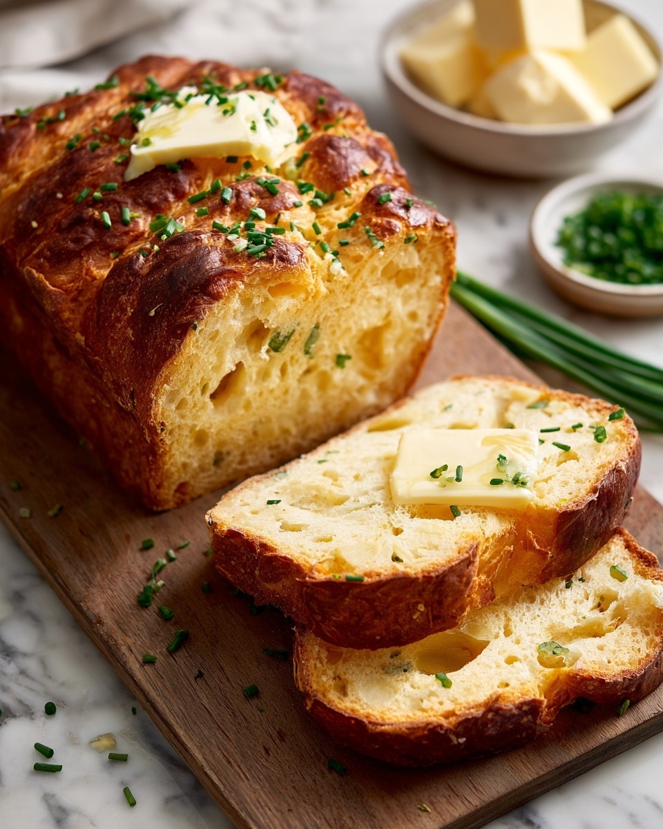 A close-up image of a loaf of herb bread on a wooden board, partially sliced to show a soft, pale yellow inside with green herb pieces spread throughout. The crust is golden brown and slightly rough in texture. Two of the slices have a layer of melted butter on top, with small chopped herbs sprinkled over the butter and bread. In the background, there is a small white bowl with cubes of butter and a few green onions on a white marbled surface. Photo taken with an iphone --ar 4:5 --v 7
