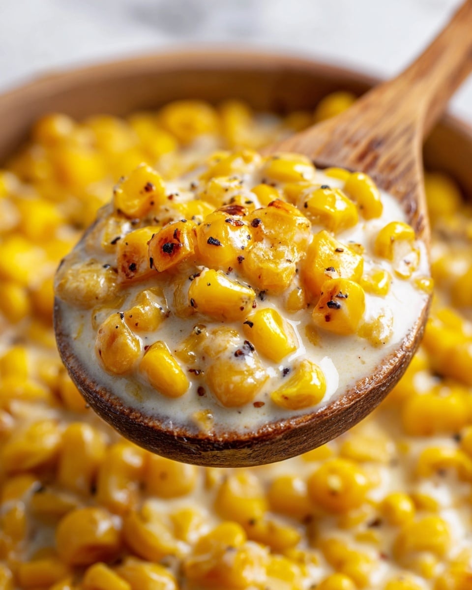 A close-up view of a wooden spoon filled with creamy, golden-yellow corn kernels, some slightly charred and browned on top, giving a roasted look. The corn is coated in a smooth, white creamy sauce that has small bubbles and a glossy texture, with black pepper flakes scattered on top adding contrast. The background is filled with more of the same creamy, golden corn, slightly out of focus, all set on a white marbled texture. photo taken with an iphone --ar 4:5 --v 7