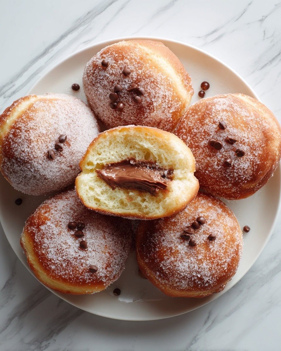 A group of round doughnuts are stacked on a white plate, each doughnut showing a golden brown fried outer layer with a dusting of powdered sugar on top and sides. The doughnuts have a soft, light yellow inner bread layer visible along the middle. One doughnut is broken open on top of another, revealing a thick, glossy dark chocolate filling that oozes out smoothly, topped with small chocolate sprinkles. The background has a white marbled texture, enhancing the warm colors of the doughnuts. photo taken with an iphone --ar 4:5 --v 7