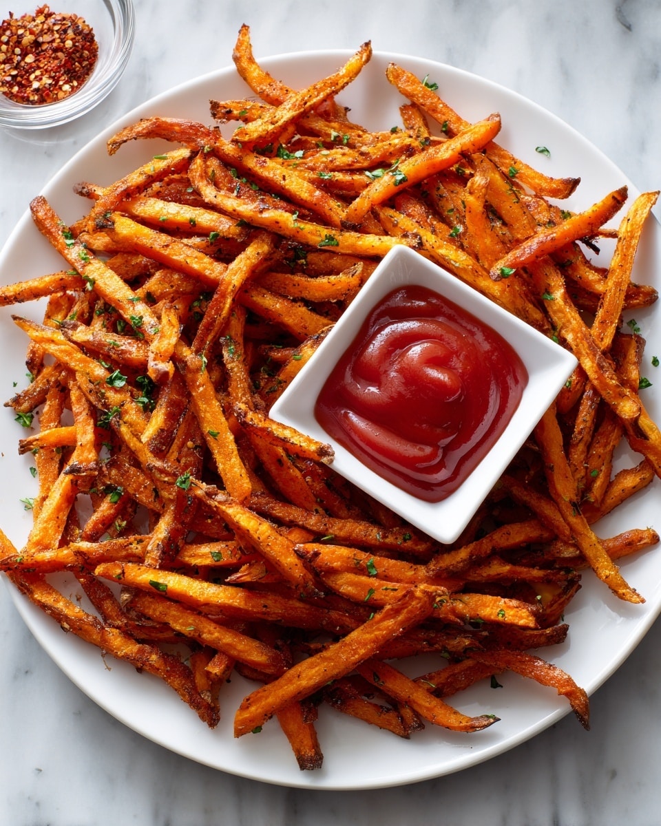 The image shows a white square plate layered with crispy, thin sweet potato fries seasoned with herbs and black pepper, spread out unevenly across the plate. In the center of the fries rests a small white square dish filled with smooth, rich red ketchup, its surface shiny and slightly wavy. Extra scattered green herb bits are visible on the fries, adding color contrast. On the white marbled surface beside the plate, there is a small clear glass bowl filled with a deep red spice powder. Two green parsley leaves lay near the spice bowl, adding a fresh touch. The overall colors are warm orange from the fries, vibrant red from the ketchup and spice, fresh green from the herbs and parsley, and clean white from the plate and background. photo taken with an iphone --ar 4:5 --v 7
