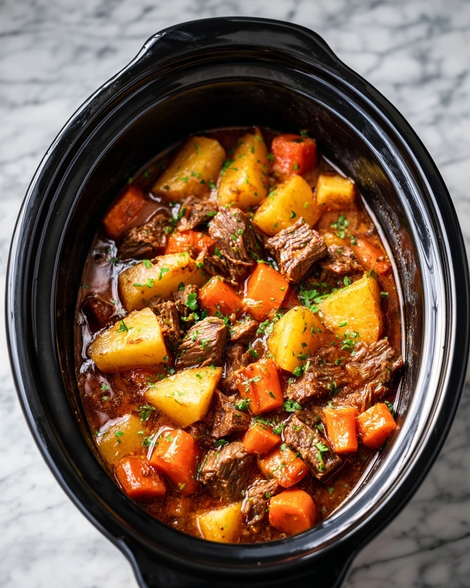 A close-up view of a slow cooker filled with beef stew, showing thick chunks of brown beef, vibrant orange carrot pieces, and large yellow potato chunks submerged in a rich brown gravy with a slightly glossy texture. The stew is garnished with small bits of chopped green herbs scattered on top, giving a fresh contrast to the hearty colors. The inside of the black slow cooker has a smooth, shiny black surface. The photo has a white marbled texture as background. photo taken with an iphone --ar 4:5 --v 7