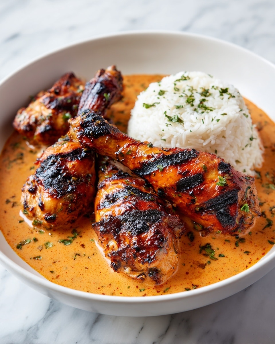 A white bowl contains three grilled chicken drumsticks covered in a creamy orange sauce with green herbs sprinkled on top. The drumsticks have visible grill marks and are arranged on one side of the bowl. On the other side, there is a serving of white rice with small green herb pieces mixed in. The creamy sauce partially covers the rice and pools at the bottom of the bowl. The bowl sits on a white marbled surface. photo taken with an iphone --ar 4:5 --v 7