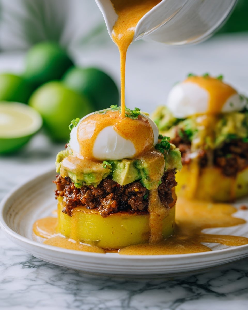 The dish shows a close-up of a white plate on a white marbled surface, featuring two servings of a stacked food item. Each serving has four layers: the bottom layer is a thick, round yellow slice, likely roasted or grilled; above it is a chunky, bright green layer of mashed avocado; next is a sprinkling of cooked ground meat with a rich brown color; topped with a smooth, white poached egg. An orange sauce with a creamy texture is being poured generously over the top, flowing down the sides and onto the plate. The background is softly blurred with hints of green limes. Photo taken with an iphone --ar 4:5 --v 7