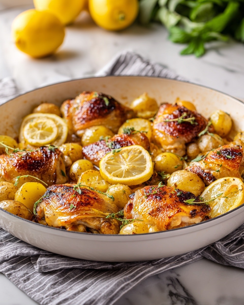 A white round pan filled with seven browned, crispy chicken thighs as the top layer. Around and below the chicken are golden roasted potato halves and wedges, all mixed with fresh chopped green herbs. Thin yellow lemon slices are scattered on top and between the chicken and potatoes, adding brightness. The pan sits on a gray cloth over a white marbled surface, and a bunch of green parsley is visible out of focus in the background. Photo taken with an iphone --ar 4:5 --v 7