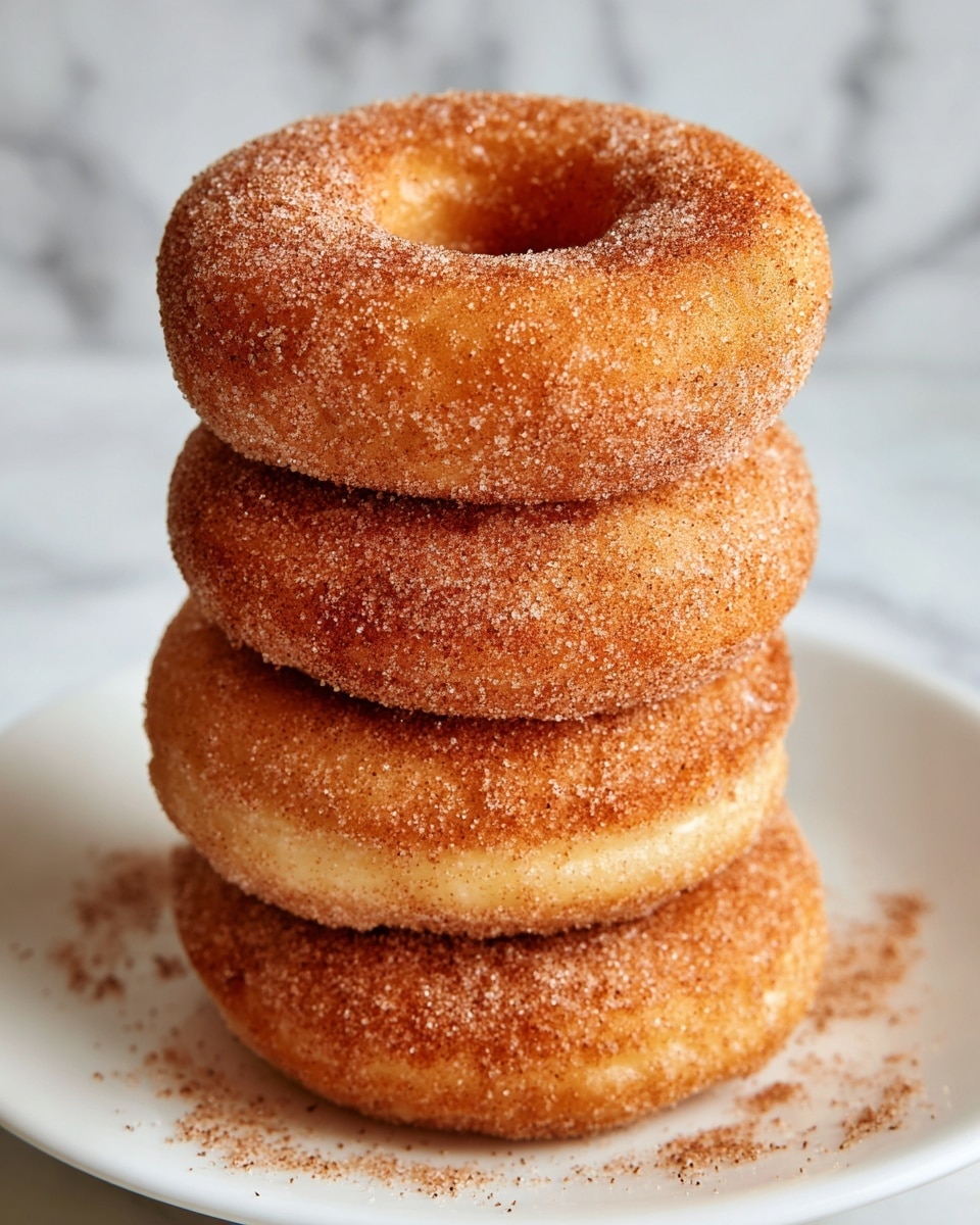 Four round cinnamon sugar-coated donuts are stacked closely on a white plate placed on a white marbled surface. Each donut has a light golden-brown dough base with a rough texture, thickly covered in a layer of fine, grainy cinnamon sugar giving a speckled look with shades of brown and white. The donuts are arranged in a tight cluster with one donut in the front center and the others slightly behind, angled to show the round holes in their centers. Some cinnamon sugar is scattered lightly around the plate adding a casual touch. The lighting is soft and natural, highlighting the sugar crystals and the warm color of the donuts. Photo taken with an iphone --ar 4:5 --v 7
