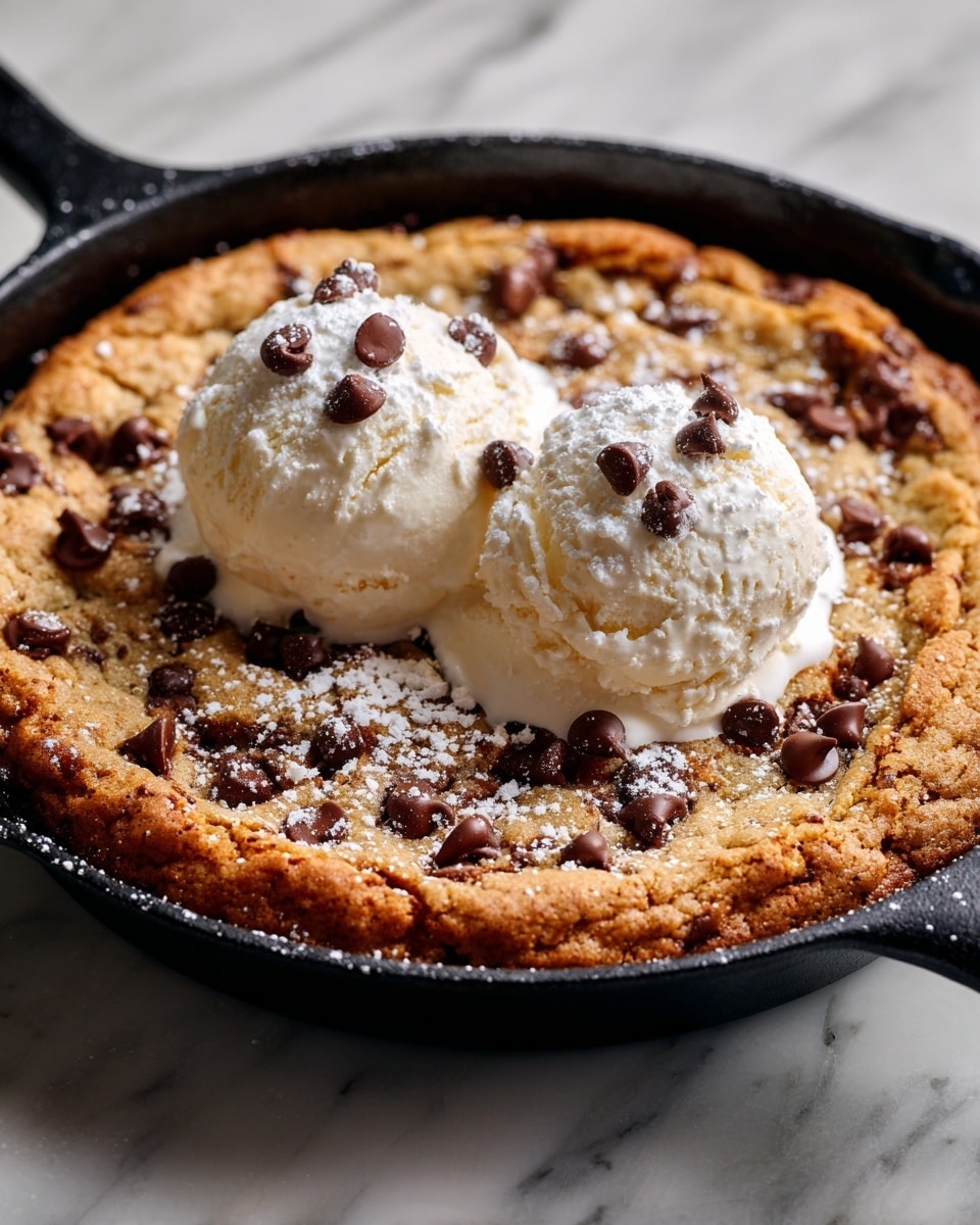 A warm golden-brown chocolate chip cookie baked in a black skillet, with a slightly crispy edge and a soft, chewy center full of melted dark chocolate chips scattered throughout. On top, there are two scoops of creamy white vanilla ice cream sprinkled with additional chocolate chips and powdered sugar. The skillet rests on a surface with a white marbled texture, adding a clean and bright background to the rich dessert. photo taken with an iphone --ar 4:5 --v 7