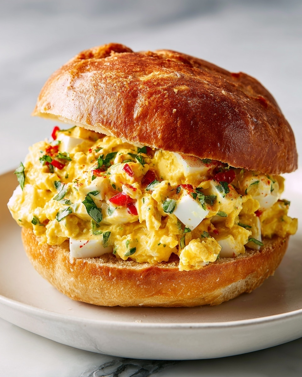A sandwich with two layers of a golden-brown, crispy bun showing a soft texture inside, filled generously with a creamy egg salad mixture that has light yellow scrambled eggs, chunks of white egg whites, small pieces of red pepper, and green herbs mixed throughout. The sandwich sits on a white plate against a white marbled texture background, giving a fresh and clean look. Photo taken with an iphone --ar 4:5 --v 7