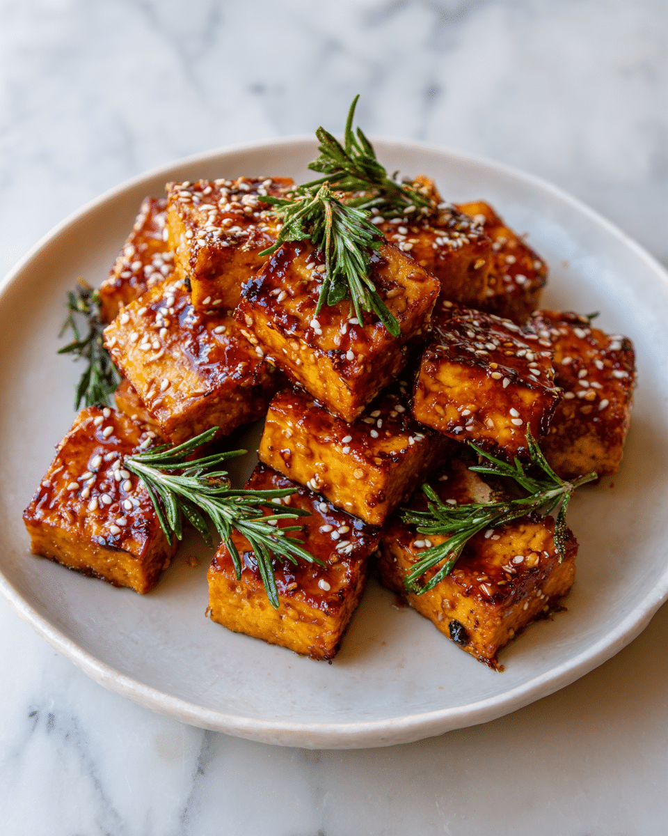 The image shows a white plate filled with crispy, golden-brown tofu pieces stacked in layers. Each rectangular tofu piece has a shiny, caramelized texture with a rich, dark brown glaze coating, and is sprinkled with white sesame seeds. Small fresh green herb leaves are scattered on top, adding a touch of color contrast. The plate rests on a white marbled surface, and soft, natural lighting highlights the glossy glaze and crispy edges of the tofu. photo taken with an iphone --ar 4:5 --v 7