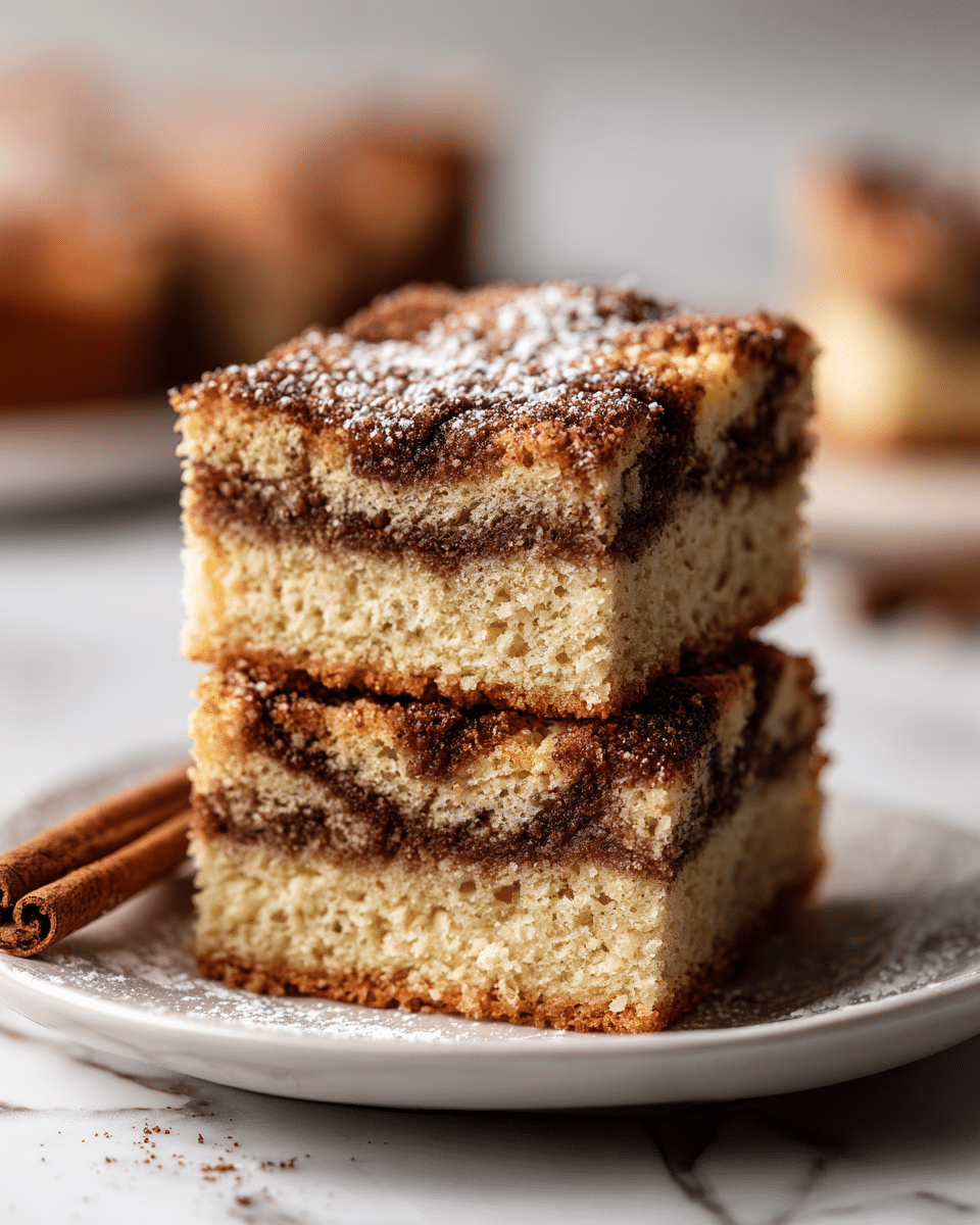 Two square pieces of cinnamon dessert bars are stacked on a white plate, each bar with three visible layers: a light beige crumbly base, a middle layer infused with cinnamon showing a grainy brown texture, and a top layer with a darker cinnamon swirl and a slightly raised, ridged pattern. The top is sprinkled lightly with white powdered sugar, adding a delicate, snowy touch. The plate rests on a white marbled texture surface. Photo taken with an iphone --ar 4:5 --v 7