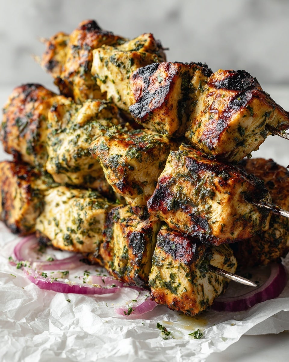 The image shows several grilled chicken souvlaki pieces stacked closely together on a brown paper-lined surface. Each chicken piece is light golden with charred grill marks and specks of green herbs throughout. The chicken looks juicy with a slightly rough texture from the grill. Thin slices of purple-red onions are visible at the bottom left, adding a slight contrast. The background is a white marbled texture. photo taken with an iphone --ar 4:5 --v 7