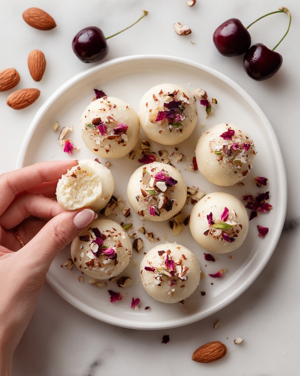 A white round plate sits on a white marbled surface, holding a pile of smooth, white chocolate round balls. Each ball is decorated with small colorful pieces like pink flower petals and tiny golden bits, adding texture and color on top. One ball is split open, showing a soft, creamy light beige inside. A woman's hand gently holds the open ball above the plate. Some cherries and almonds lie around the plate, adding natural colors to the scene. Photo taken with an iphone --ar 4:5 --v 7