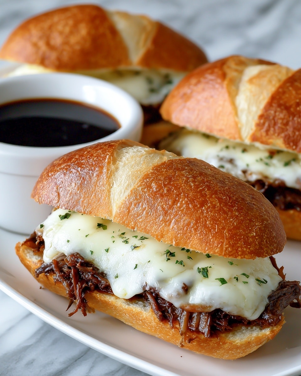 The image shows two white sandwich rolls cut in half, each layered with shredded dark brown beef, topped with melted white cheese sprinkled with small green herbs. The sandwiches sit on a white marbled surface next to a white cup filled with a brown sauce. The bread has a golden-brown crust, and the cheese looks smooth and creamy, partially covering the beef. Photo taken with an iphone --ar 4:5 --v 7