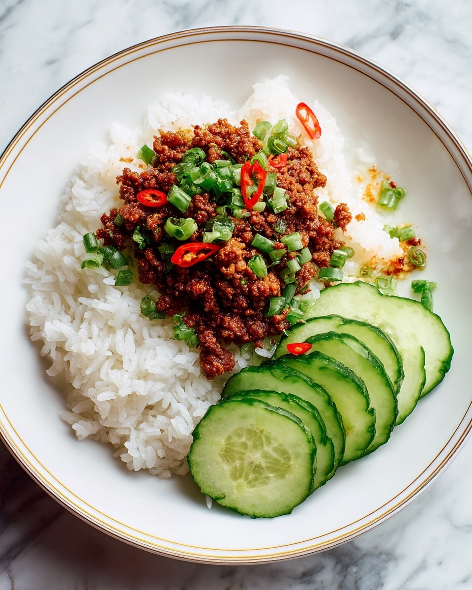 A close-up of a black bowl filled with three layers of food against a white marbled texture. The first layer is a mound of white rice on the upper left side. The second layer covers the bottom and center of the bowl with cooked ground meat in a reddish-brown sauce, topped generously with bright green chopped scallions and small pieces of red chili peppers. The third layer on the right side consists of neatly sliced cucumber pieces with a fresh green color and dark edges. Photo taken with an iphone --ar 4:5 --v 7