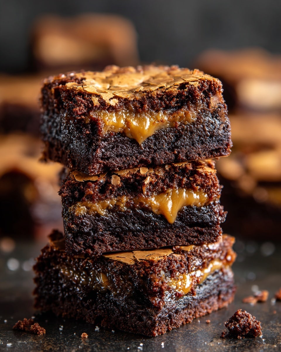 The image shows three stacked square brownies with a cracked, crisp top layer of golden brown color. The brownies have a dense, dark brown cake layer that looks moist and rich, with a smooth, glossy caramel layer inside the middle of the brownies. The brownies sit on a dark surface with some crumbs scattered around. In the background, more brownies are blurred out. photo taken with an iphone --ar 4:5 --v 7