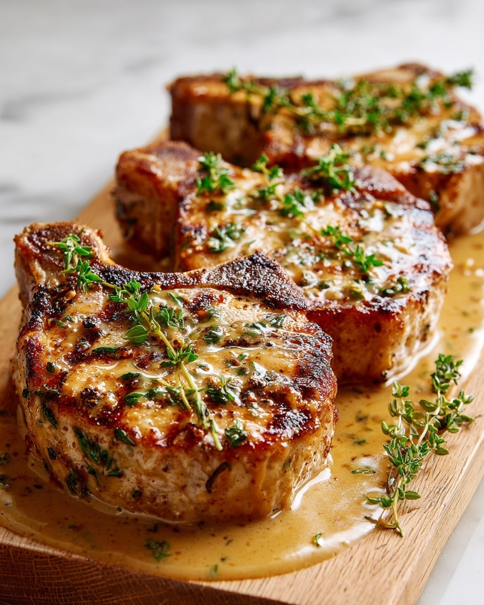 Three thick pieces of grilled pork chops are shown, each with a golden-brown crust and slight char marks. The pork chops have a creamy herb sauce on top that is light yellow with green specks, and fresh green thyme sprigs are placed on each piece. The pork chops sit in a shallow pool of the same creamy sauce on a wooden tray, which is set against a white marbled texture. The image focuses closely on the juicy texture and glossy sauce on the meat. photo taken with an iphone --ar 4:5 --v 7