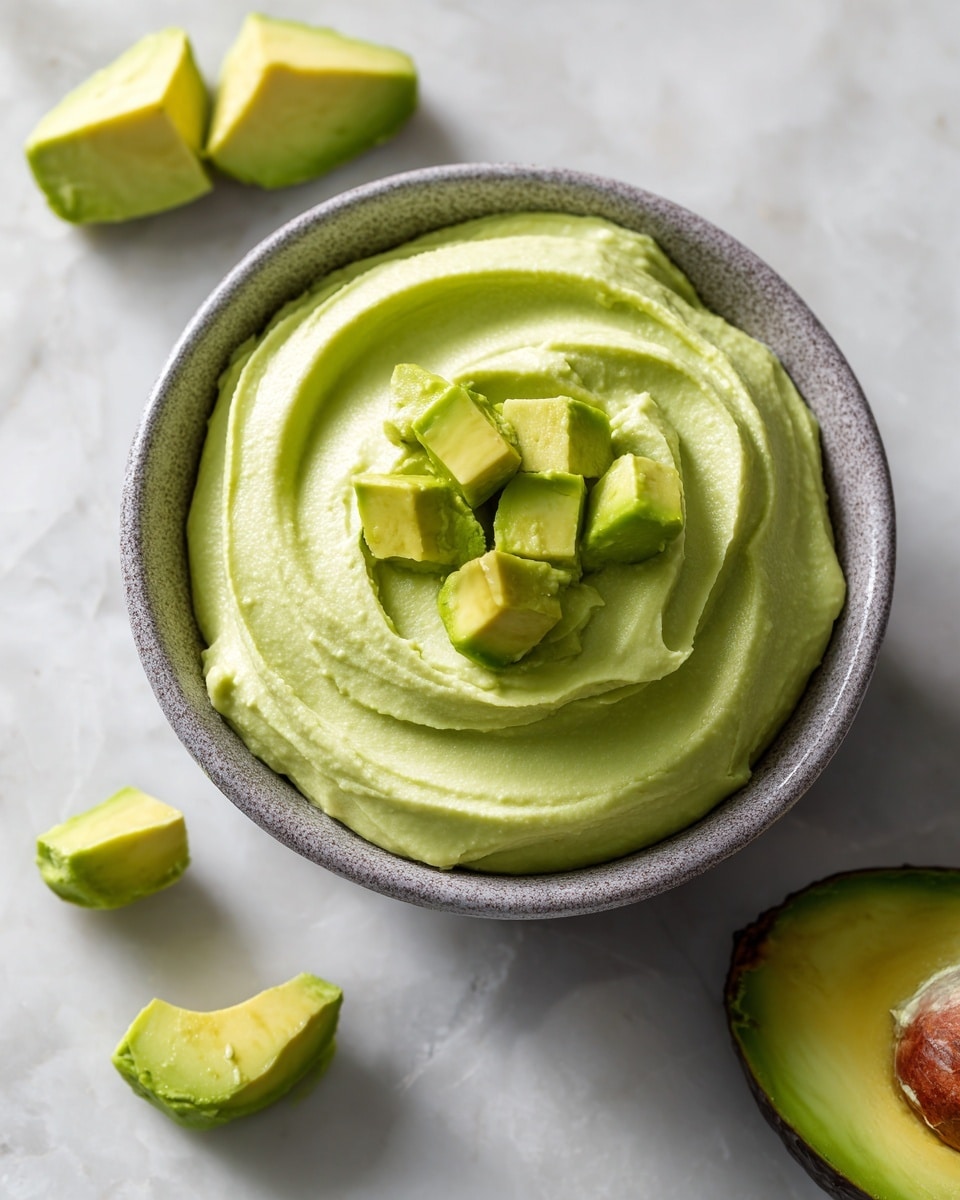 A top view of a small dark textured bowl filled with smooth, light green avocado dip. In the center of the dip, there are small chunks of bright green avocado pieces arranged neatly. Around the bowl, on a white marbled surface, there are a few scattered avocado chunks and a half avocado showing its light green inside. The dip looks creamy with a soft swirl pattern on top. photo taken with an iphone --ar 4:5 --v 7